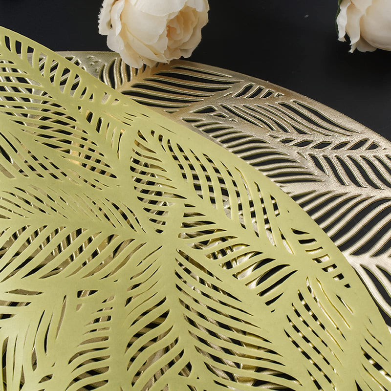 [Australia - AusPower] - Mabbcoo Placemats Set of 6, Round Leaf Place Mats for Dining Table Hollowed-Out Pressed Vinyl Table Mats for Holiday Party Wedding Accent Centerpiece Dinner Table Decoration (Gold) Leaf Round Gold 