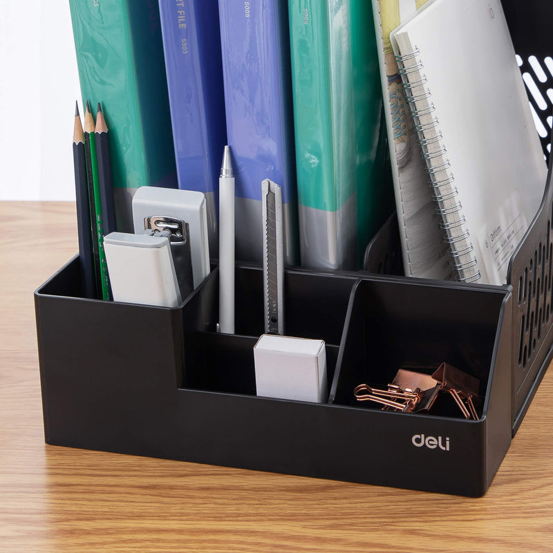 [Australia - AusPower] - Deli Magazine File Book Holder Desktop Organizer Vertical Document Folder with Pencil Holder and Storage Basket for Desk Accessories, 3 Compartments, Black A - Black - With Storage Basket 