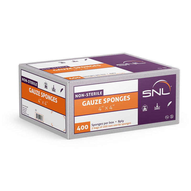 [Australia - AusPower] - SNL Quality 'Non-Sterile' Latex Free Gauze Sponge Pads - 8 Ply - 4" X 4" - Box of 400 (2X 200 Packs Inside) 