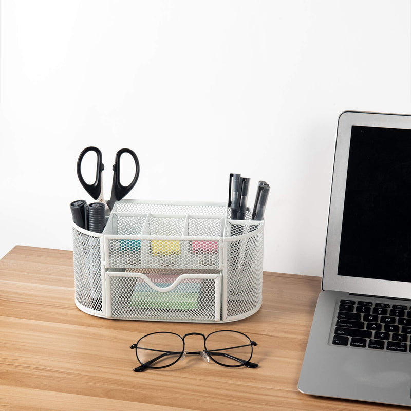 [Australia - AusPower] - VANRA Metal Mesh Desk Supply Caddy Desktop Office Supplies Organizer Supply Holder 8 Compartments with Drawer (White) White 