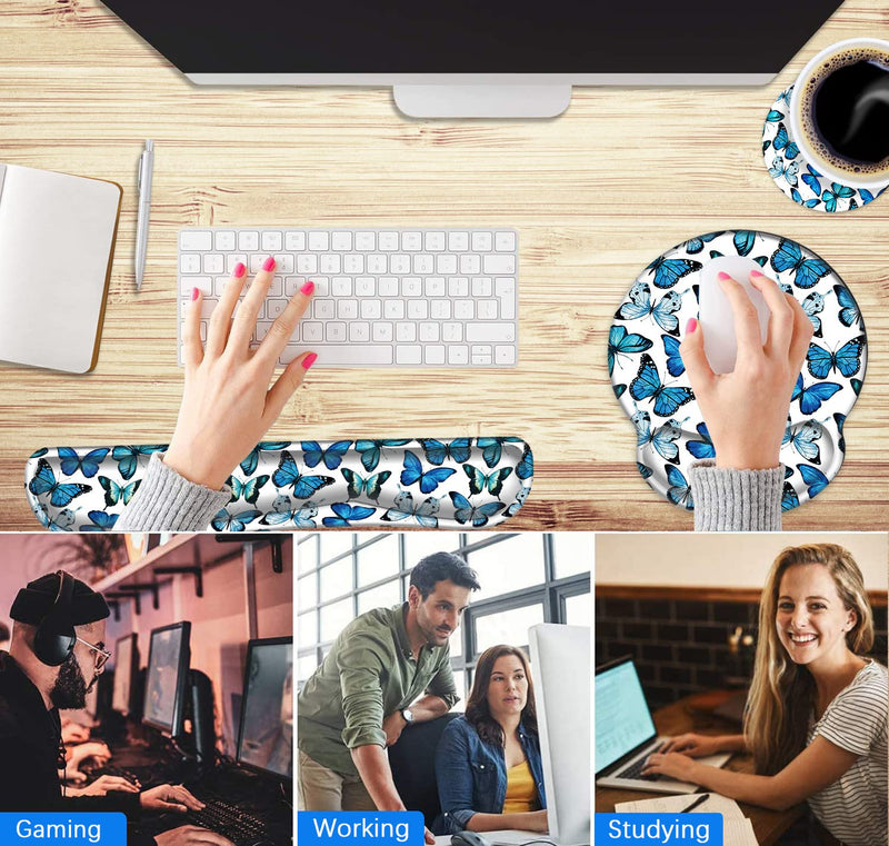 [Australia - AusPower] - Mouse Pad Wrist Support and Keyboard Wrist Rest Pad with Coaster,Non-Slip Rubber Base Ergonomic Gaming Mousepad for Home Office Working Studying Easy Typing & Pain Relief,Blue Butterflies Blue Butterflies 