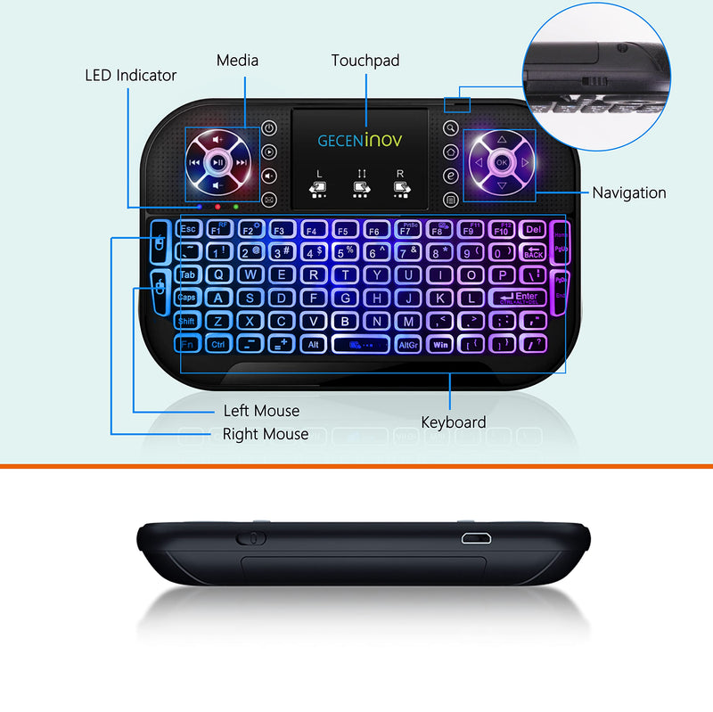 [Australia - AusPower] - Mini Keyboard, Wireless Touchpad Keyboard, Portable Keyboard by GECENinov, 7 Colors RGB Backlit Keyboard, 2.4G Rechargeable Controller Mouse Combo, Compatible with PC, Laptops, Smart TVs. 