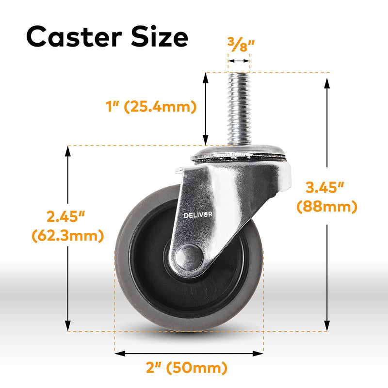 [Australia - AusPower] - DELIVER 2 Inch, Swivel Caster Wheels, Set of 4, 80 Lbs Per Caster, for Desk Chair, Office Chair, Stem Casters, Replacement Rubber Caster Wheels, Metal Threaded Stem 3/8”-16 x 1” Caster 2 Inch Swivel 