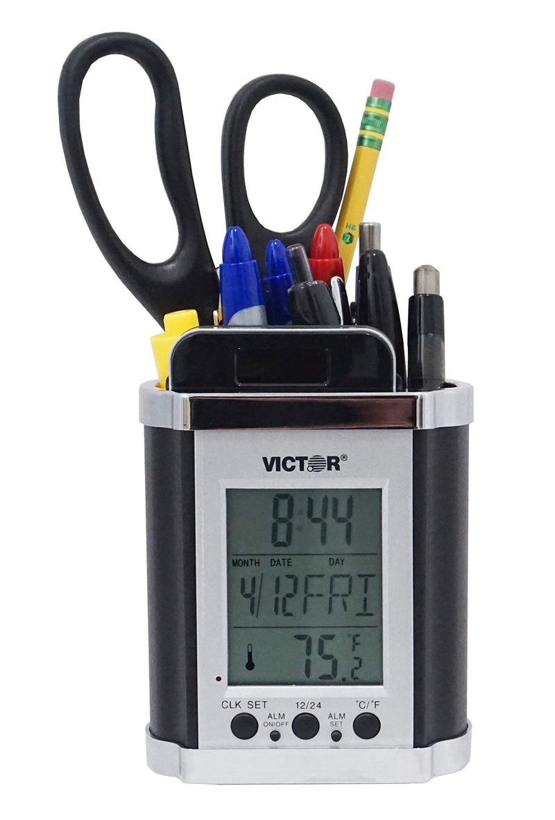 [Australia - AusPower] - Victor PH500 Electronic Pencil Cup w/LCD Display, Temperature in Farenheit & Celsius, Time, Date, Day of Week, Great for Home and Office Desks, Black & Chrome 