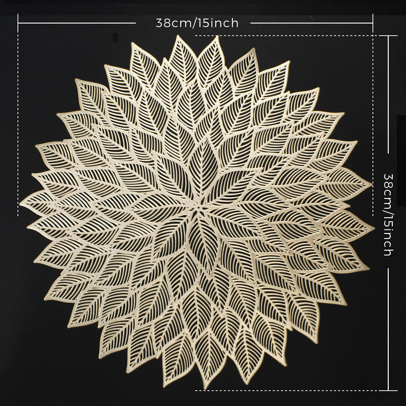 [Australia - AusPower] - Mabbcoo Placemats Set of 6, Round Hollow Out Flowers Place Mats for Dining Table Pressed Vinyl Blooming Leaf Table Mats for Holiday Party Wedding Accent Centerpiece Dinner Table Decoration (Gold) Gold 
