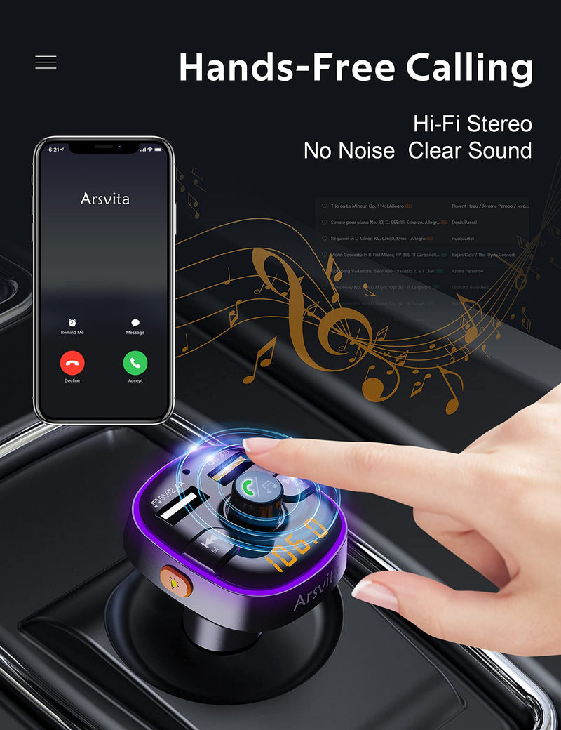 [Australia - AusPower] - Arsvita Bluetooth FM Transmitter for Car, Radio Receiver / Audio Adapter with Dual Car Charger, Support QC3.0 Quick Charging, Hands-Free Calling and Hi-Fi Sound Playback, Black 