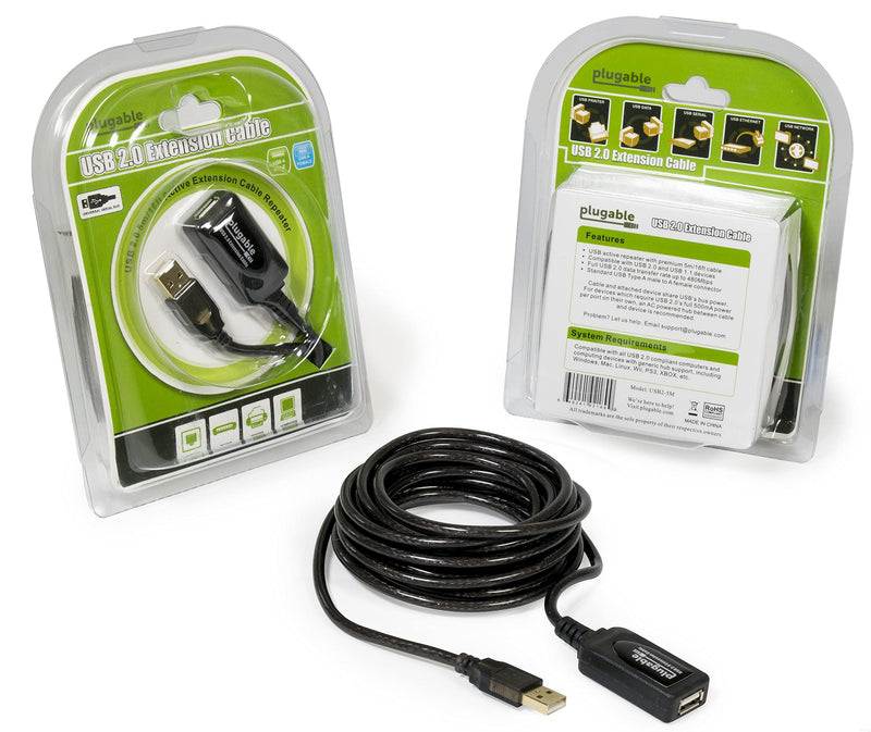 [Australia - AusPower] - Plugable 5 Meter (16 Foot) USB 2.0 Active Extension Cable Type A Male to A Female 5m (16ft) 