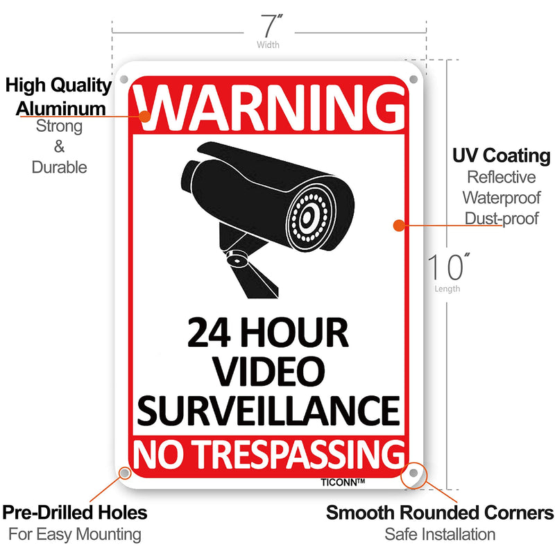 [Australia - AusPower] - TICONN 4-Pack 24 Hour Video Surveillance Sign, No Trespassing Aluminum Warning Sign, 10x7 for CCTV Security Camera - Reflective, UV Protected 