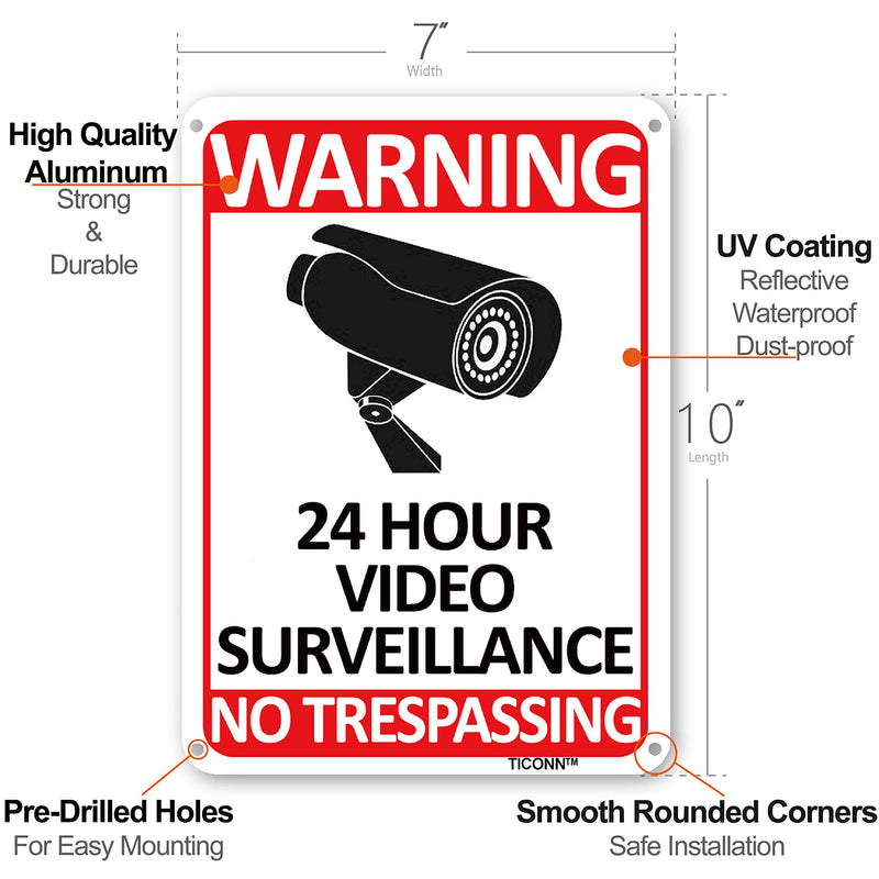 [Australia - AusPower] - TICONN 2-Pack 24 Hour Video Surveillance Sign, No Trespassing Aluminum Warning Sign, 10’’x7’’ for CCTV Security Camera - Reflective, UV Protected 