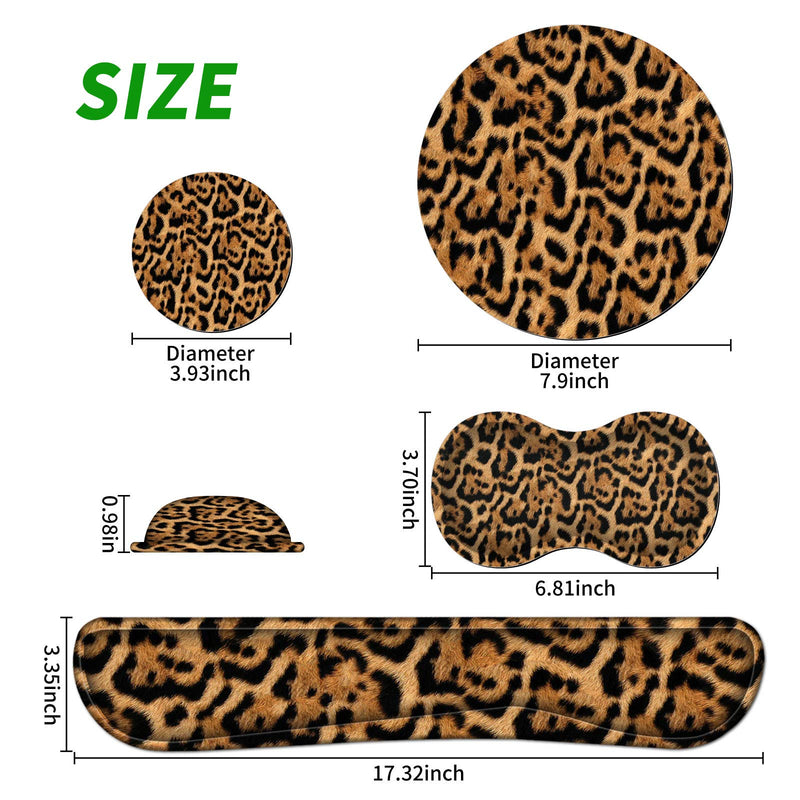 [Australia - AusPower] - Ergonomic Keyboard Wrist Rests Gel Memory Foam Mouse Pad with Round Mousepad + Coasters, Wrist Support Set with Non Slip Base for Gaming Office Laptop Easy Typing & Pain Relief, Leopard Print 