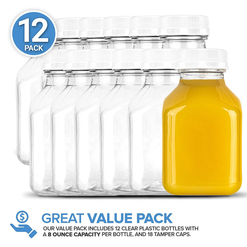 [Australia - AusPower] - 8 oz Plastic Bottles with Caps (12 Pack) - Mini Juice Bottles with 18 Caps - BPA Free & Leak Resistant Bottles for Juicing, Smoothies, Oat & Nut Milk - Disposable Takeout Bottles - Stock Your Home 8oz / 12 Count 