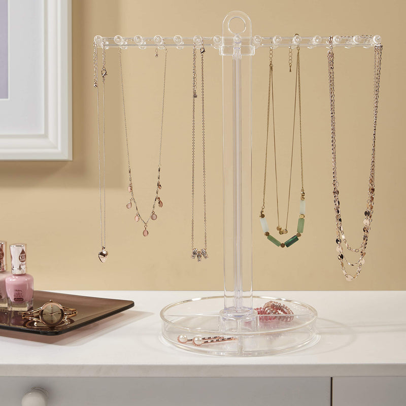 [Australia - AusPower] - STORi Clear Plastic Necklace Holder | Store 30 Individual Necklaces on the Pegs and Sort Small Jewelry in the Bottom Divided Organizer Tray | Made in USA 