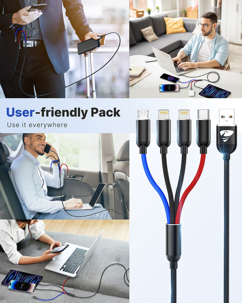[Australia - AusPower] - Multi Charging Cable, 2Pack 3.5A Fast Multi Charger Cable 4 in 1 Multiple Nylon Braided USB Cable Universal Charging Cord for Type C Micro USB Port for Cell Phones/IP/Samsung/Ps/LG/Tablets and More 4 in 1 2PACK Black 