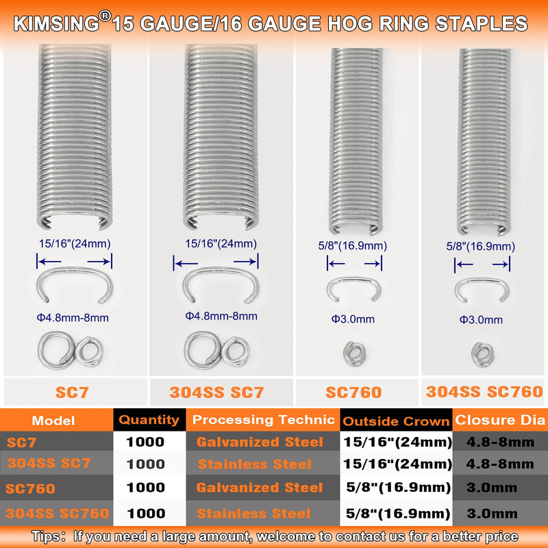 [Australia - AusPower] - Kimsing SC760 16 Gauge C Ring Staples 1/2" Inside Crown 5/8" Outside Crown Hog Ring Staples C Rings Galvanized Steel Hog Rings Collated Staples for Staple Gun 1,000 PCS/Pack (Galvanized Steel) 1,000 PCS(Galvanized Steel) 