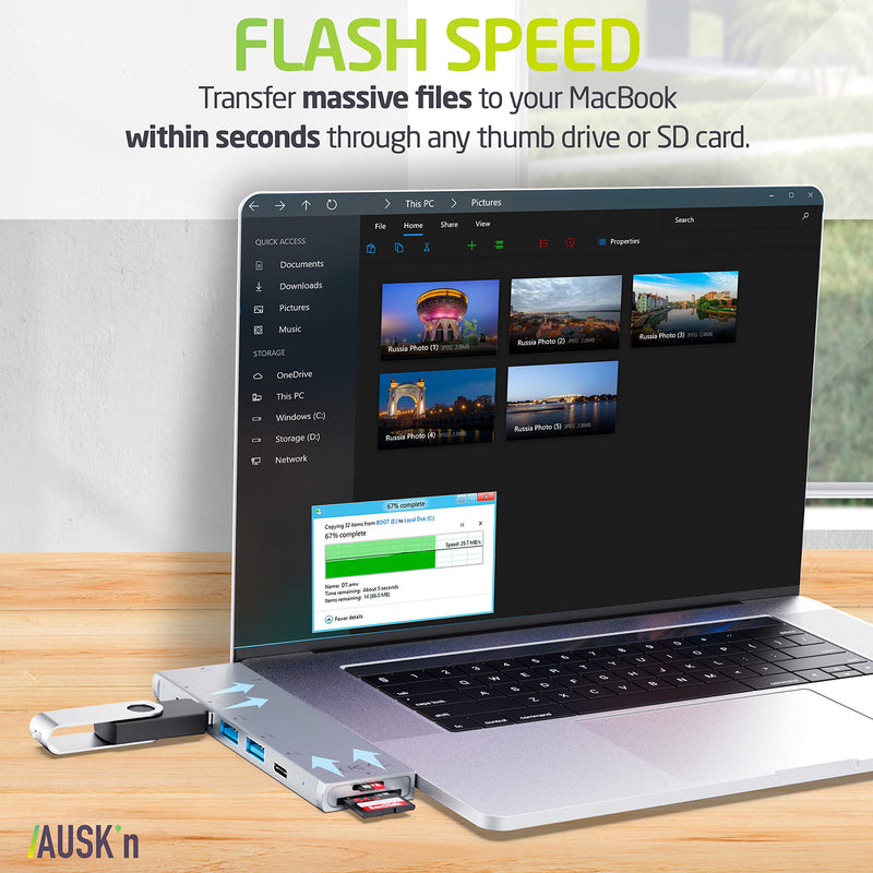 [Australia - AusPower] - AUSK'n USB C Hub Type C for MacBook Pro Air | Universal 8 in 1 Adapter Multiport Extender (Non-Dongle) - All-in-One Ports Include: USB 3.0, HDMI 4K, SD / Micro SD TF Card Readers - Charging Supported 