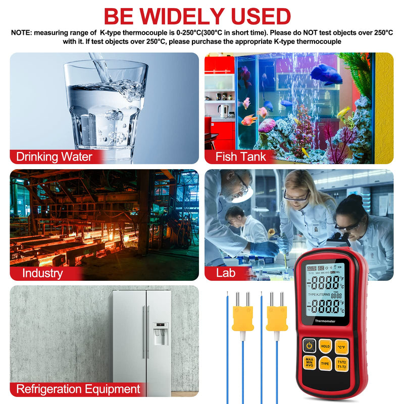 [Australia - AusPower] - Digital Thermometer Dual Channel Thermometer Temperature Thermometer with Two K-Type Thermocouple Probe Backlight LCD K Type Thermometer for K/ J/ T/ E/ R/ S/ N Thermocouple 