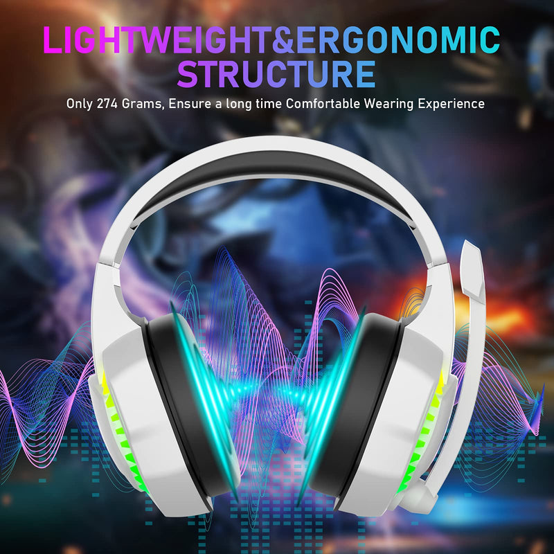 [Australia - AusPower] - Wired Gaming Headset with Rainbow RGB Backlight Retractable Noise Isolating Microphone Stereo Sound Deep Bass Memory Foam Earmuff Over Ear Headphone for PS4 Xbox One Switch PC Mac Gamer Music (White) White 