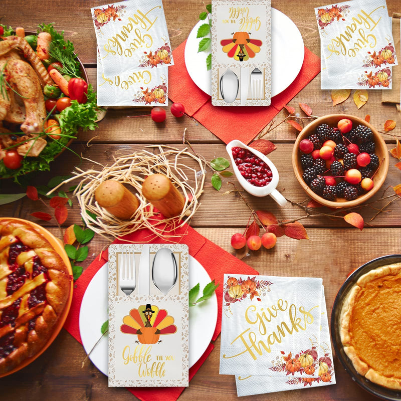 [Australia - AusPower] - Thanksgiving Napkins, 50 Count Gold Foil Napkins Paper w 18 Count Cutlery Holders, Give Thanks Decorations for Autumn Leaves Fall Harvest Wedding Table Disposable Centerpiece Decor 