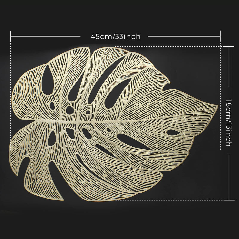 [Australia - AusPower] - Mabbcoo Placemats Set of 6, Hollowed-Out Leaf Place Mats for Dining Table Pressed Vinyl Table Mats for Holiday Party Wedding Accent Centerpiece Dinner Table Decoration (Garden Gold) 6Pcs Leaf 