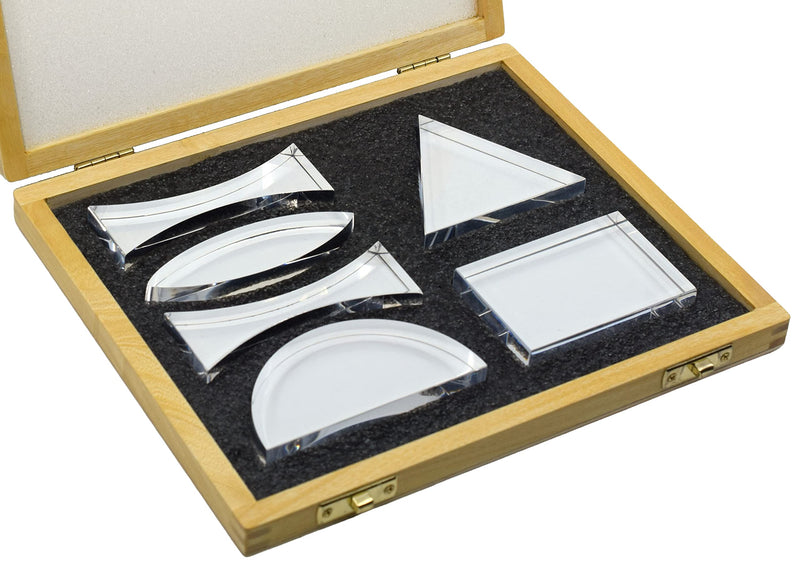 [Australia - AusPower] - Prisms & Lenses Set, 6 Pieces - Transparent Acrylic - All Faces Fully Polished - Includes Wooden Storage Box - Eisco Labs 