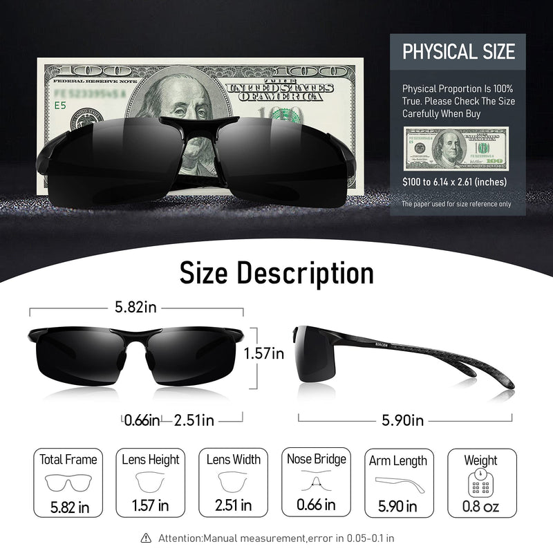 [Australia - AusPower] - Bircen Mens Polarized Carbon Fiber Sunglasses UV Protection Sports Fishing Driving Sunglasses for Men Al-Mg Frame Black Frame Black Lens 