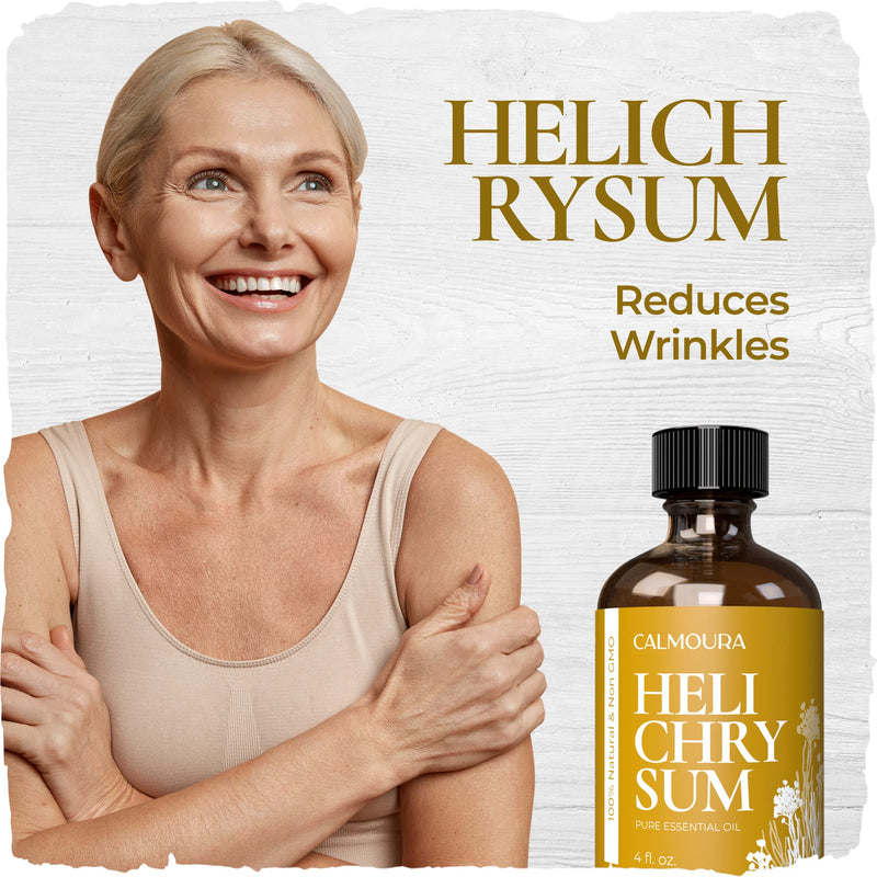 [Australia - AusPower] - Calmoura Helichrysum Essential Oil Therapeutic Grade (4 oz | 118 ml) — Pure Helichrysum Essential Oil Organic for Skin — Premium Undiluted Pure Essential Oil Helichrysum Italicum Diffuser Aromatherapy, Skin Care, Massage, Relaxing & Soothing Oil 