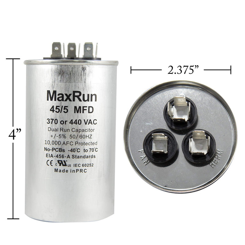 [Australia - AusPower] - MAXRUN 45+5 MFD uf 370 or 440 Volt VAC 45/5 Microfarad Dual Run Capacitor for Air Conditioner or Heat Pump - Runs AC Motor and Fan - 5 Year Warranty 