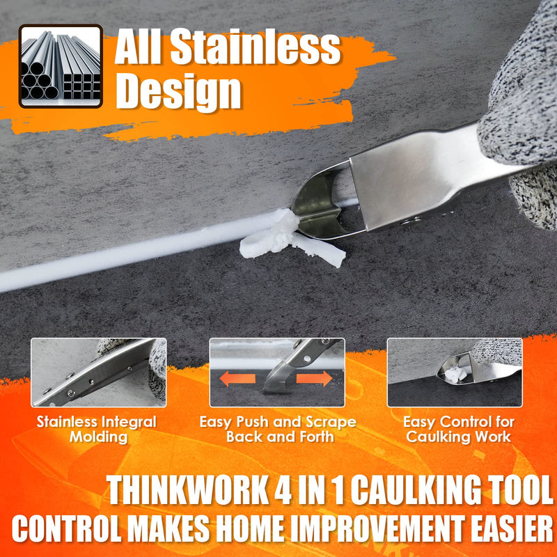 [Australia - AusPower] - THINKWORK Stainless Steel Caulking Tools, 4 in 1 Sealant Finishing Tool, Grout Removal Tool, Silicone Caulking Tool Caulk Remover for Kitchen Bathroom Window Sink Tile Joint Silver 