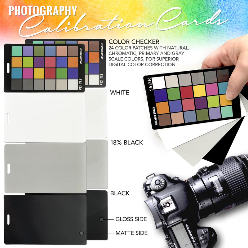 [Australia - AusPower] - Camera Color Correction White Balance Card, 4In1 Color Correction Card Set by Pixiss, 18% Gray, Black, All in Glossy and Matte, Premium Exposure Card Set with Free Camera Lens Micro Fiber Cloth 