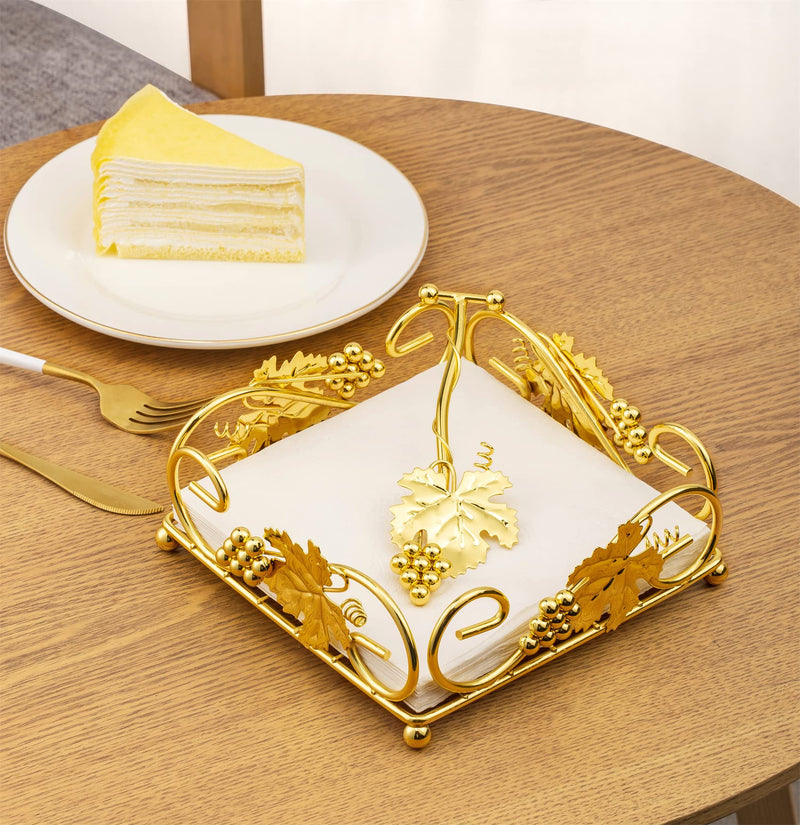 [Australia - AusPower] - Flat Napkin Holder Gold With Weight Arm for Kitchen Courtertops Dinning Table Grape Leaf Modern Tissue Dispenser Stainless Steel Gilding (7" L X 7" W X 2.5" H) 