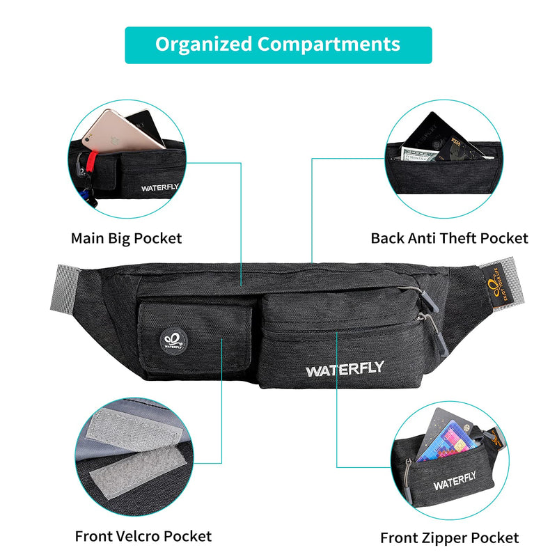 [Australia - AusPower] - WATERFLY Fanny Pack for Women Men Water Resistant Small Waist Pouch Slim Belt Bag with 4 Pockets for Running Travelling Hiking Walking Lightweight Crossbody Chest Bag Fit All Phones 