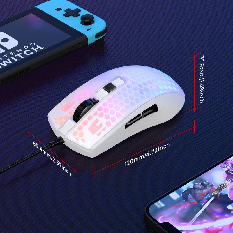 [Australia - AusPower] - RGB Gaming Mouse with 13-Mode Backlit, KKUOD DM-097 Wired Gaming Mouse with Adjustable 800-7200 6-Level DPI, Forward & Backward Button, Ergonomic Gaming Mouse for Computer Laptop PC/Mac-White 