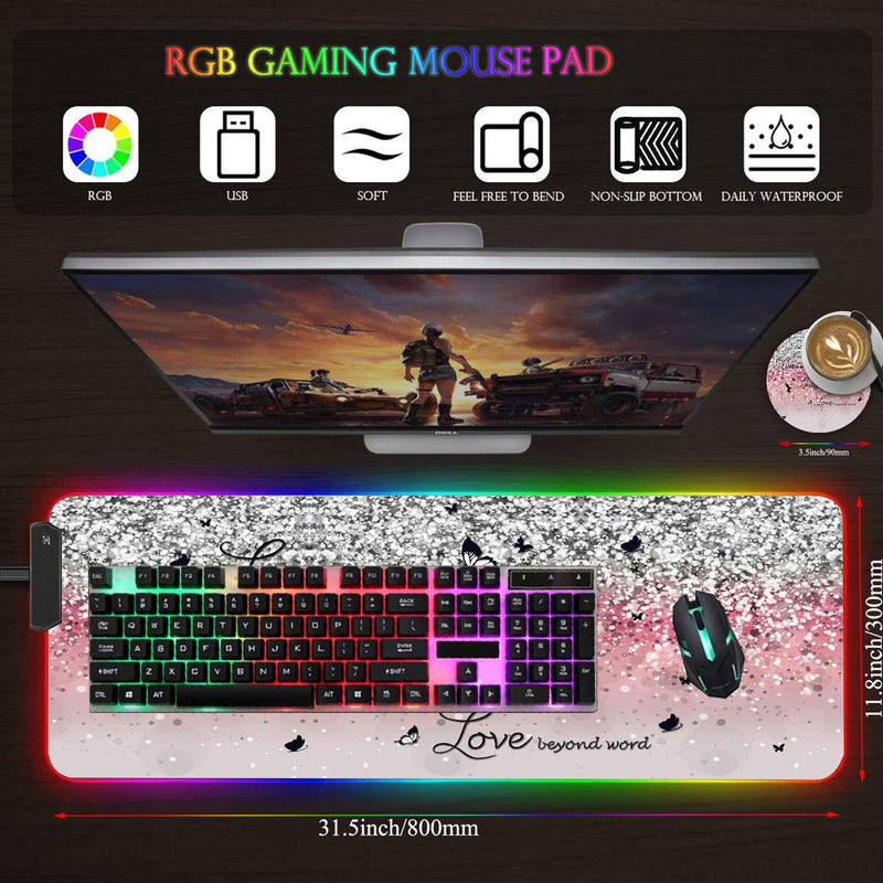 [Australia - AusPower] - CICPLKSE Customized RGB Gaming Mouse Pad and Coffee Coaster,Large Glowing Led Anti-Slip Rubber Base Computer Keyboard Desk Mouse Mat 31.4x11.8 Inch,Pink Glittering Live Laugh Love Pink Glittering Live Laugh Love 