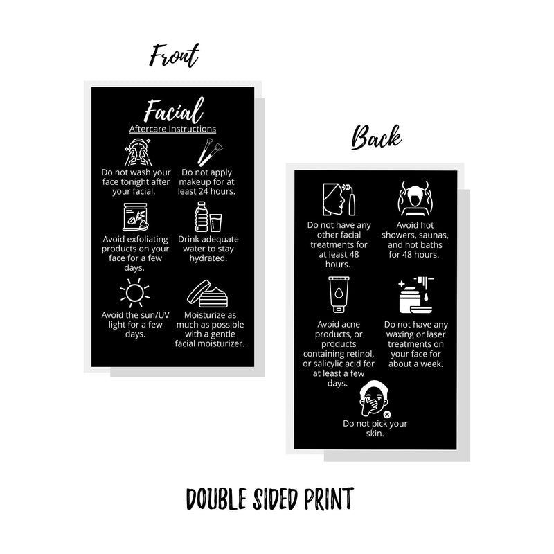[Australia - AusPower] - Facial Aftercare Cards | 50 Pack | Size 2 x 3.5” inches Business Card Size | Facial PMU | Aftercare Instructions Black with Icons Design 