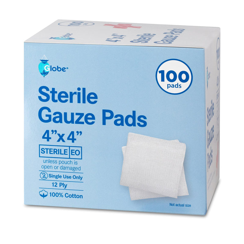 [Australia - AusPower] - Globe 4’’ x 4" Advanced Sterile Gauze Pads for Wound Dressing| 100-Pack, Individually Packed | 12-Ply Cotton & Highly Absorbent| Advanced Gauze Sponge-Pads for Wound Care & Home First Aid Kits (4 x 4) 