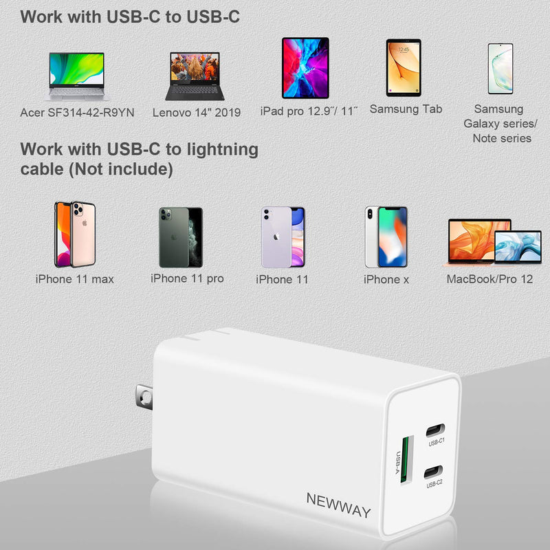 [Australia - AusPower] - NewWay 65W 3 Port PD QC 3.0 USB-C Fast Charger (GaN Semic) Delivery Foldable, USB-C Wall Charger for USB C Laptops Smartphone Pad MacBook Compatible with iPhone 12 and More 