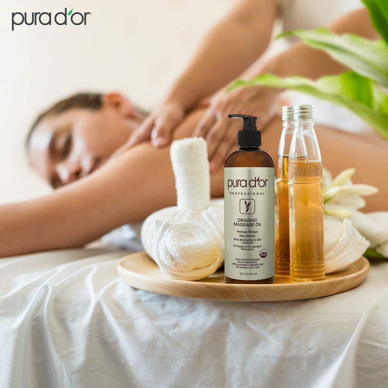 [Australia - AusPower] - PURA D'OR Organic Massage Therapy Oil (16oz) USDA Certified Almond, Apricot, Argan, Ginger, Jojoba, Lavender Oils for Silky & Softer Skin, Body Moisturizer & Skin Lubricant (Packaging May Vary) 