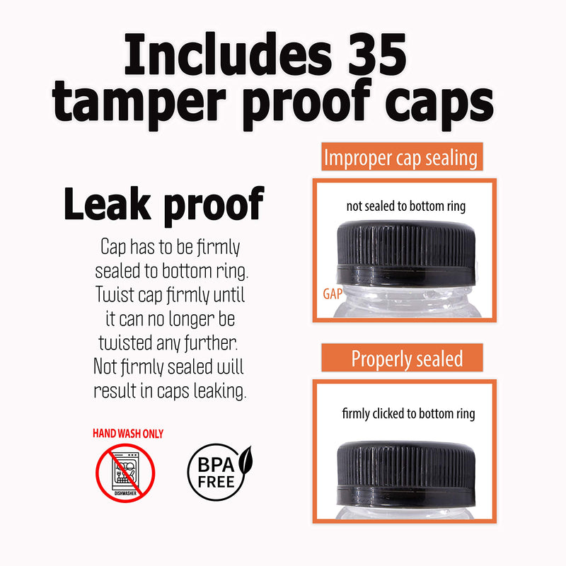 [Australia - AusPower] - Empty PET Plastic Juice Bottles - Pack of 20 Round Reusable Clear Disposable Milk Bulk Containers with Funnel and Brush and Tamper Evident Caps (Black, 4 oz) Black 