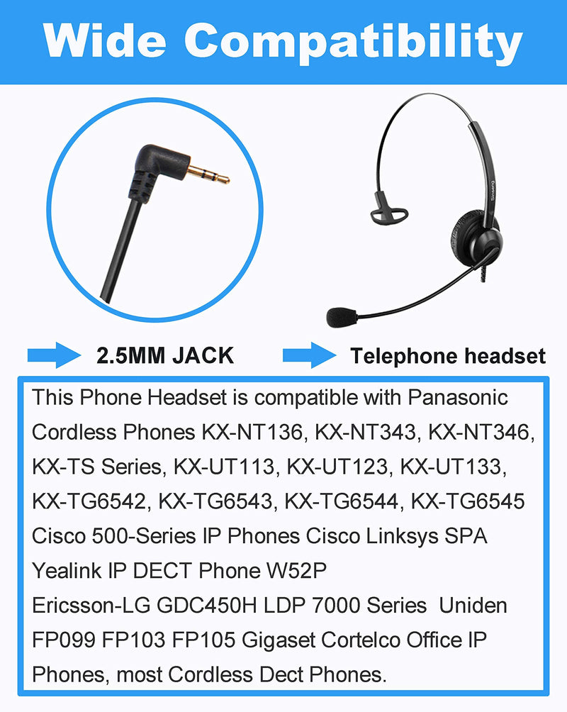 [Australia - AusPower] - Phone Headset 2.5mm with Microphone Noise Canceling & Volume Controls, Mono Call Center Telephone Headphone for Panasonic Dect 6.0 Phones, Office Telephone Headset for AT&T Vtech Cordless Phone SS308QD014 Monaural 