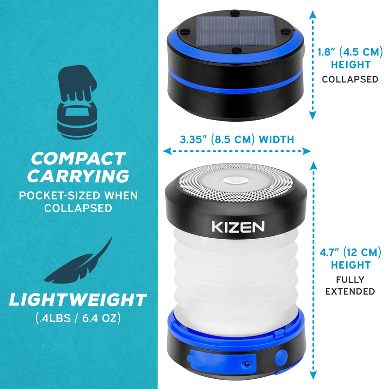 [Australia - AusPower] - KIZEN Collapsible LED Solar Lantern - Rechargeable, USB & Solar Powered Camping Lights for Hiking, Backpacking and Emergency Use - Portable Outdoor Camp Light - Blue 