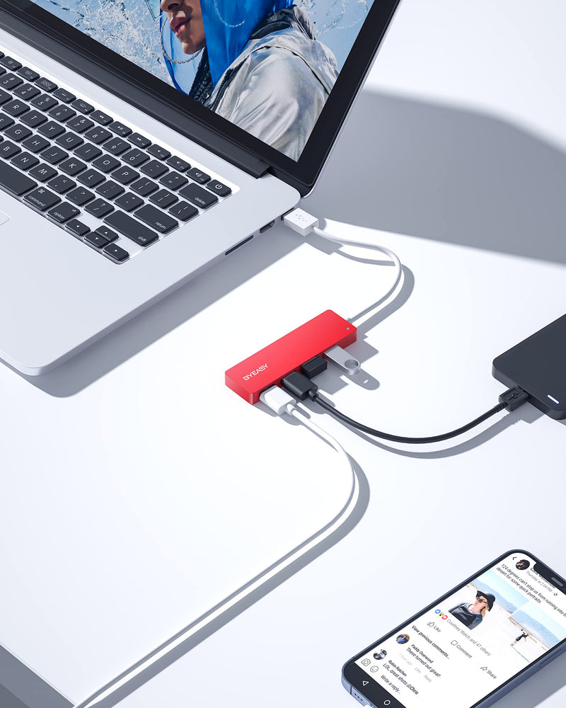 [Australia - AusPower] - USB Hub, BYEASY 4 Port USB 3.0 Hub, Ultra Slim Portable Data Hub Applicable for iMac Pro, MacBook Air, Mac Mini/Pro, Surface Pro, Notebook PC, Laptop, USB Flash Drives, Tesla Model 3 and Mobile HDD 0.8ft Red 