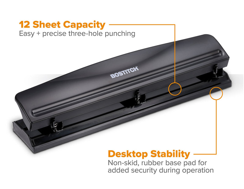 [Australia - AusPower] - Bostitch Office 3 Hole Punch, Durable Metal,Rubber Base, 12 Sheets, Black (KT-HP12-BLK), 1 Pack 