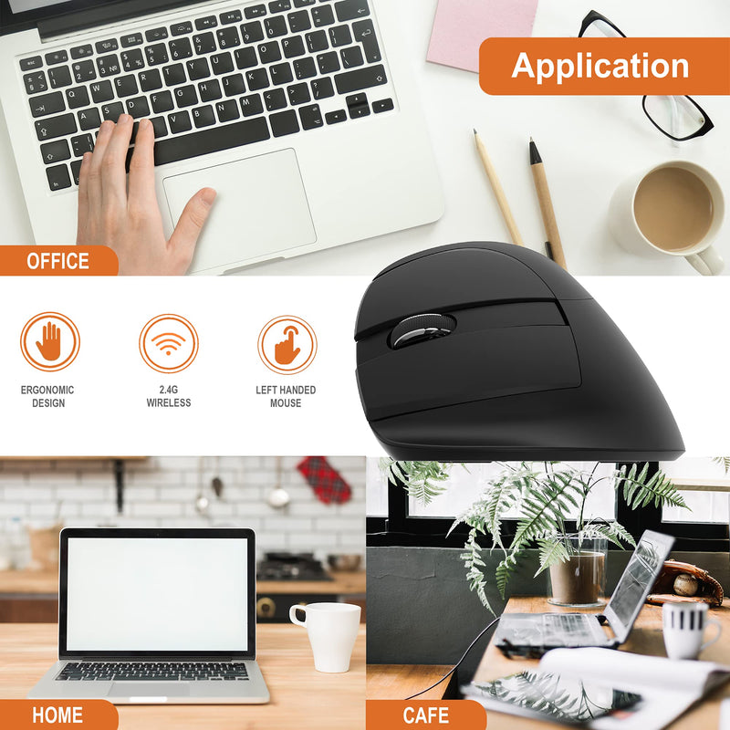 [Australia - AusPower] - J-Tech Digital Left Handed Wireless Ergonomic Vertical Mouse for Small Hands with USB Nano Transceiver, AA Battery, 4 DPI, Compatible with Mac and PC, Black [V628ML] 