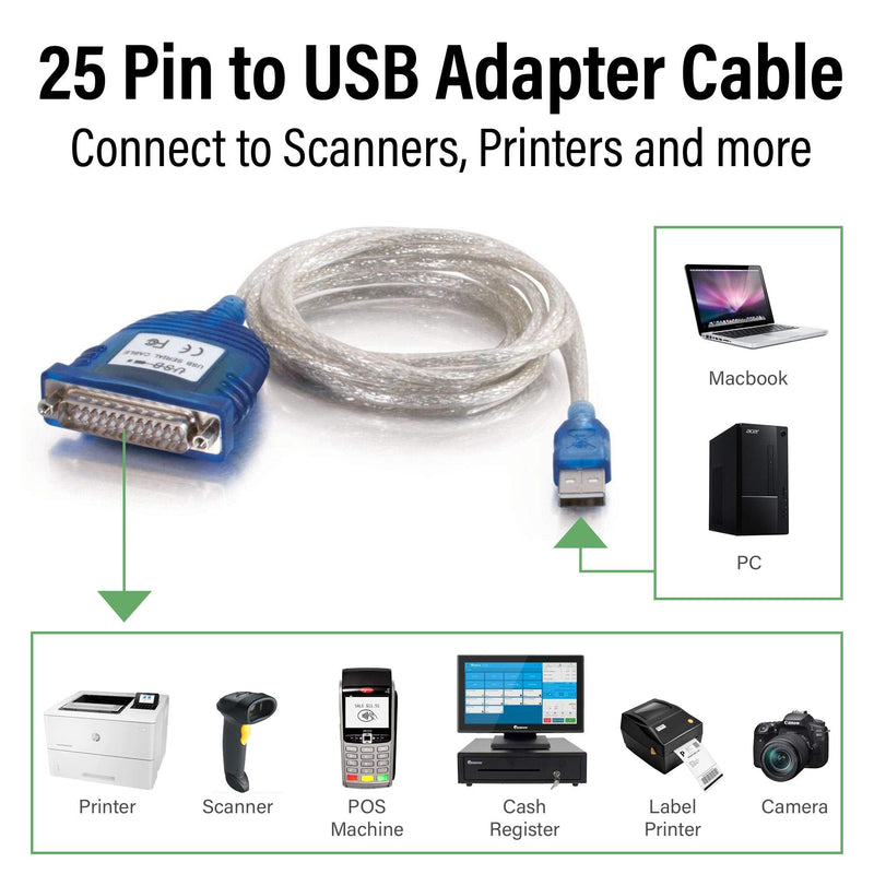 [Australia - AusPower] - C2G USB Adapter USB to DB25 Adapter Grey 6 Feet (1.82 Meters) Cables to Go 22429,Gray USB to DB25 Male Adapter 