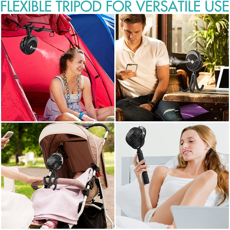 [Australia - AusPower] - Misting Stroller Fan, 2500mAh Battery Powered Personal Desk Air Circulator Fan with Flexible Tripod, Ultra Quiet 3 Speed 270° & 360° Rotatable USB Fan for Stroller Office Camping Hurricane Outage,Black Black 