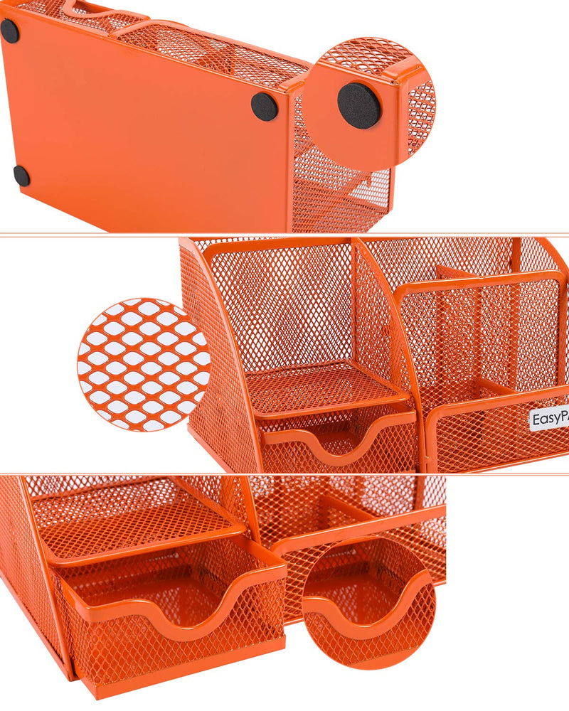 [Australia - AusPower] - EasyPAG Mesh Desktop Organizer 6 Compartment Office Desk Organizers Supply Caddy with Drawer, Orange 