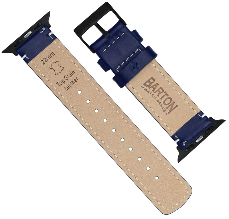 [Australia - AusPower] - Barton Top Grain Leather Watch Bands Compatible with All Apple Watch Models - Series 7, 6, 5, 4, 3, 2 & 1 - Size 38mm, 40mm, 42mm or 44mm Small Apple Watch (38mm or 40mm) Navy Blue Leather / White Stitching (Black Hardware) 