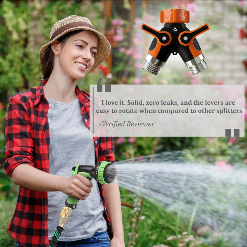 [Australia - AusPower] - Hose Splitter 2 Way, Heavy Duty Metal Connector, Two Way Garden Hose Splitter, High Flow Spigot Faucet Bib Adapter, Lead Free Solid Double Y Shut Off Valve for Outdoor Gardening Hoses, Orange 