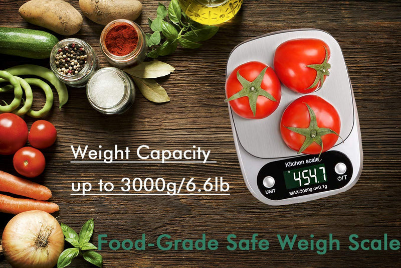 [Australia - AusPower] - Digital Kitchen Food Scale 3000g/0.1g Multifunction Weight Scale Gram Ounces, Electronic Jewelry Scale High Precision LCD Display/Stainless Steel/Tare/G OZ ML CT KG TL LB FL:OZ/Batteries Included 