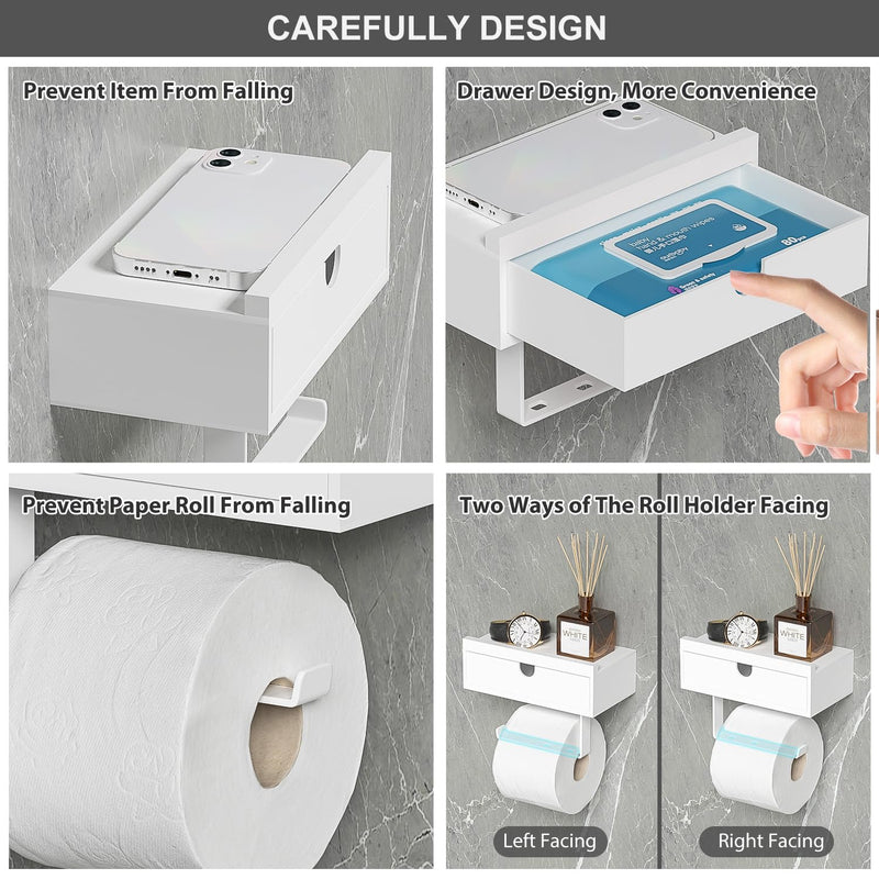 [Australia - AusPower] - Domax White Toilet Paper Holder with Shelf - Wall Mount/Adhesive Bathroom Toilet Paper Holder with Storage Drawer for Organizer Tampon or Small Items Bamboo Wood Tissue Toilet Paper Roll Holder, Small 